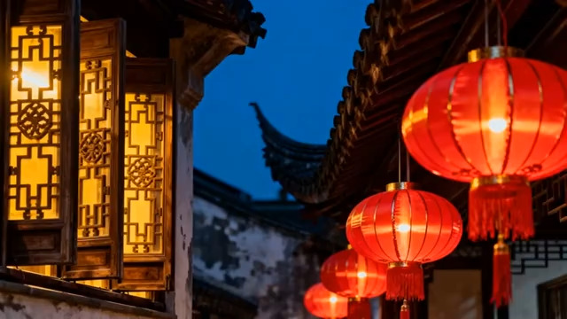  古建外悬挂的红灯笼夜景1845#横屏 	 - 