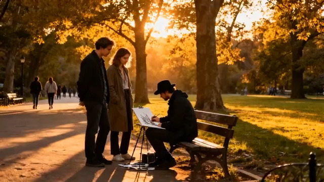  公园中画家作画及观众围观场景1970#横屏 	 