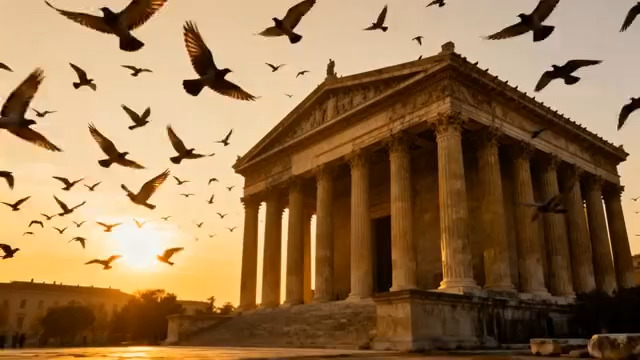  古建筑旁飞鸟夕阳景象630#横屏 	 