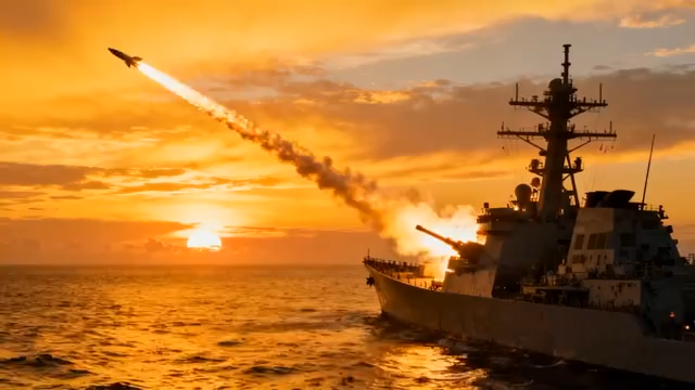 军舰海上发射导弹日落场景4430#横屏 