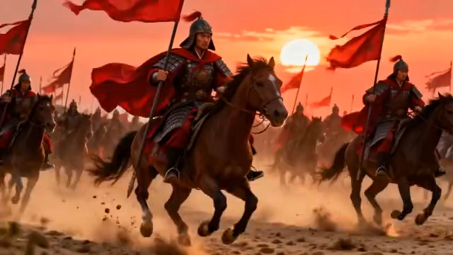  古代骑兵持旗奔驰场景2963#横屏 	 