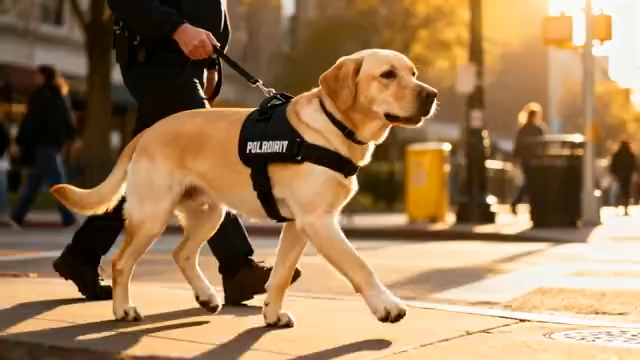 警察牵警犬街道行走画面1100#横屏 