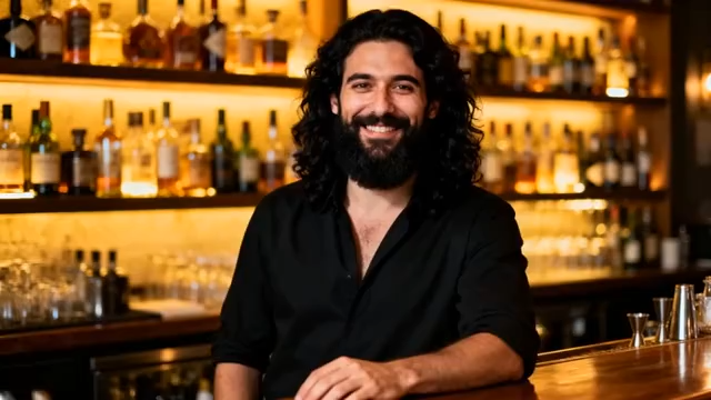 酒吧内男子靠在吧台微笑2541#横屏 