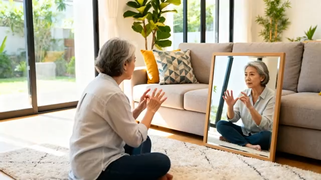 居家老人对镜做手势动作2435#横屏 