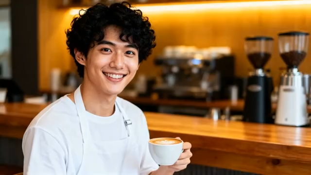 咖啡师手持咖啡微笑特写3575#横屏 