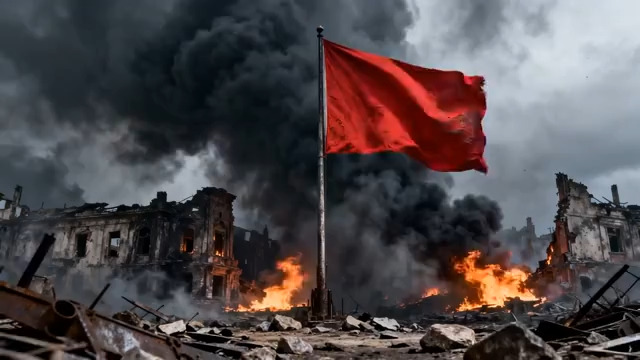  废墟上飘扬的红色旗帜914#横屏 	 