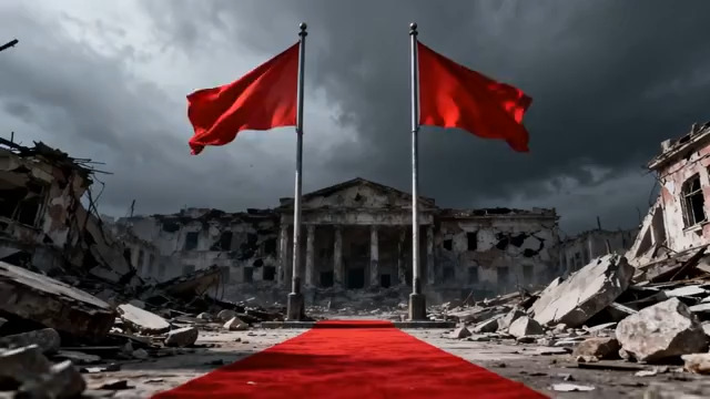  废墟前飘扬的红旗与红地毯1579#横屏 	 