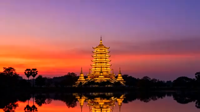 黄昏湖畔佛塔景观4337#横屏 