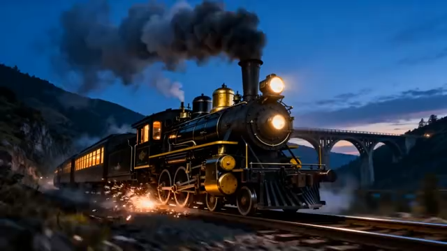 黄昏下行驶的蒸汽火车3440#横屏 