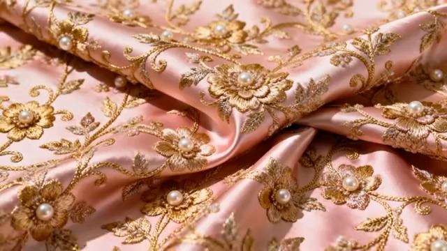  粉色刺绣绸缎布料特写210#横屏 	 