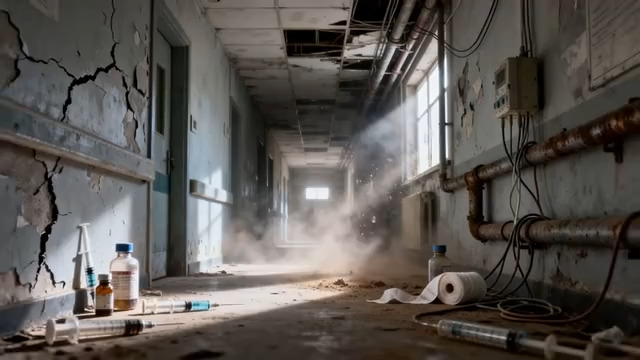  废弃医院走廊医疗物品散落1601#横屏 	 -