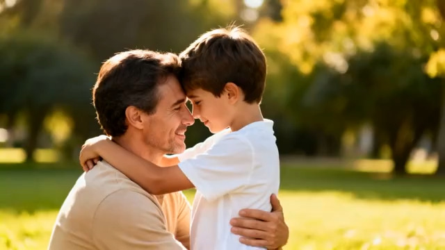  父亲与男孩户外亲密相拥1431#横屏 	 