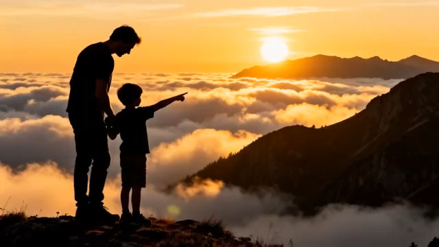  父子山顶观日落剪影1004#横屏 	 - 