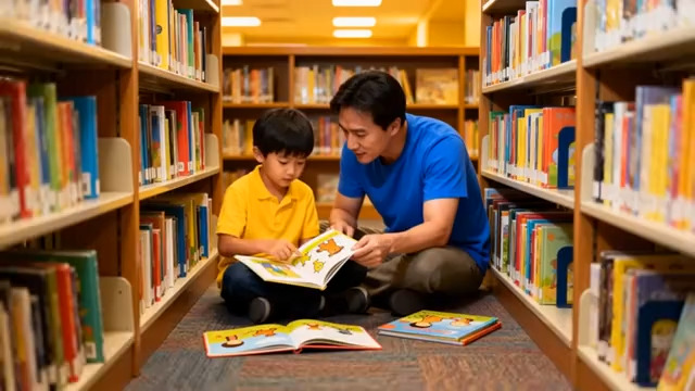  父子图书馆内一起阅读2646#横屏 	 