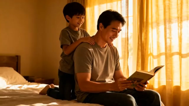  父亲与孩子卧室温馨阅读场景413#横屏 	 