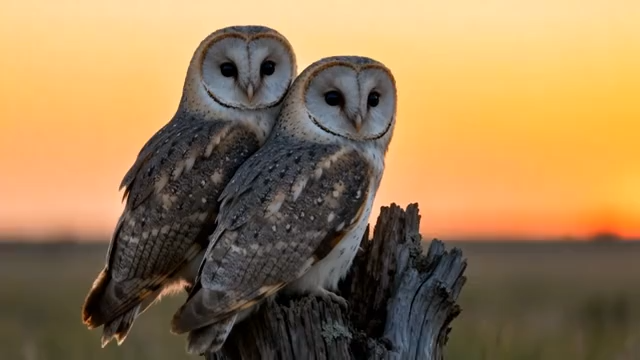 黄昏两只猫头鹰立于树桩4103#横屏 