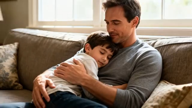  父亲与孩子沙发上亲密依偎2670#横屏 	 