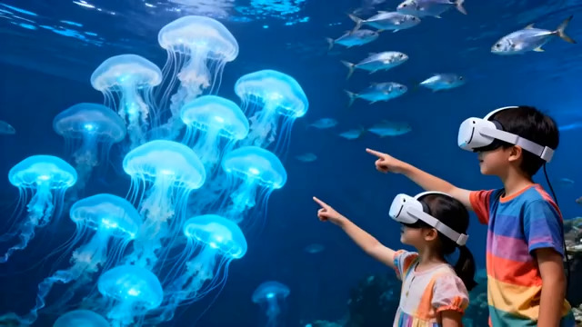  儿童戴眼镜观赏水母1043#横屏 	 