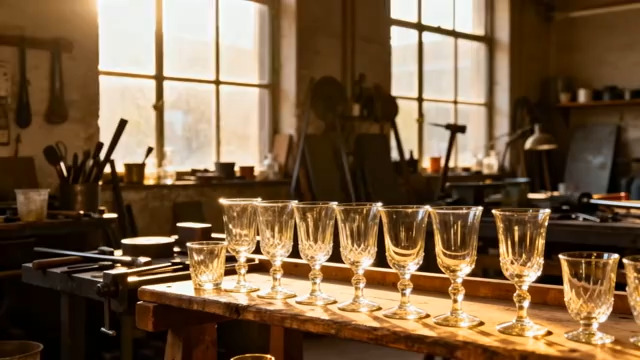  工作室木桌上摆放的透明酒杯2255#横屏 	 - 