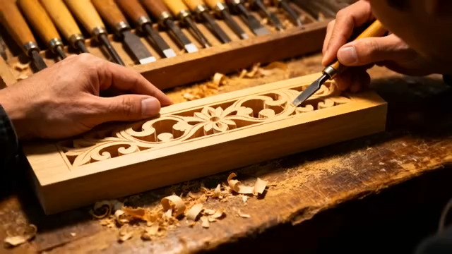  工匠手工雕刻木材画面2501#横屏 	 -