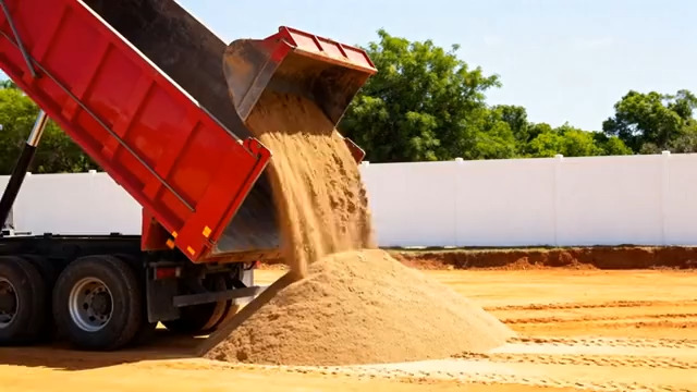  工地红色自卸车倾倒沙土373#横屏 	 