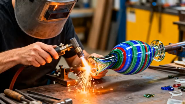  工匠车间内吹制彩色玻璃器皿493#横屏 	 