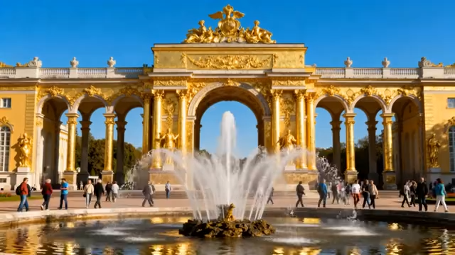 金色建筑前喷泉与人景1388#横屏 