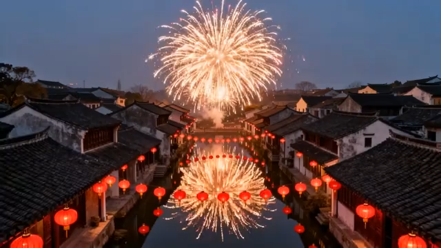 江南水乡夜景烟花绽放3009#横屏 