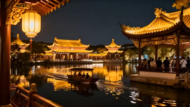 江南水乡夜景游船画面(1)2603#横屏 