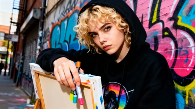 街头涂鸦前作画的金发女孩4272#横屏 