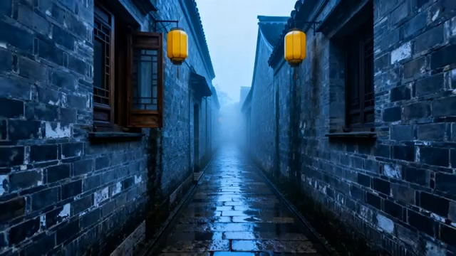 江南古镇雨天古巷景象790#横屏 