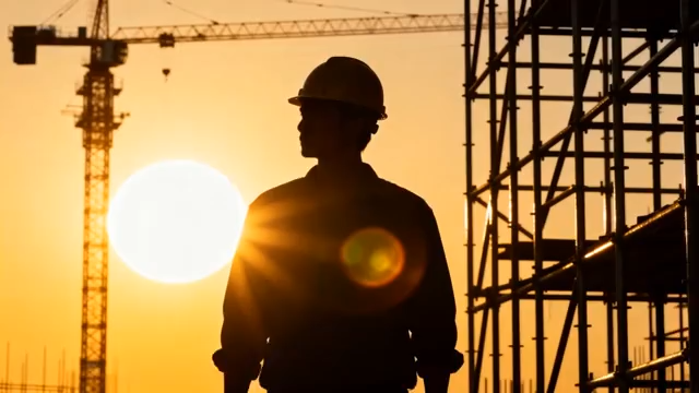 建筑工地工人夕阳下工作场景1061#横屏 