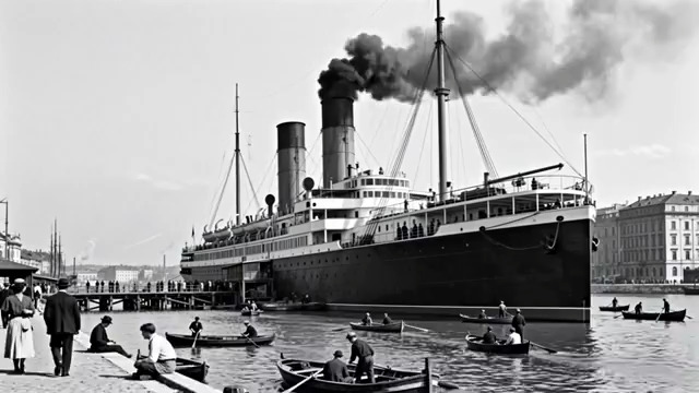  港口老式轮船与周边景象2108#横屏 	 