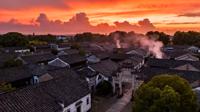 江南古镇日落全景1437#横屏 