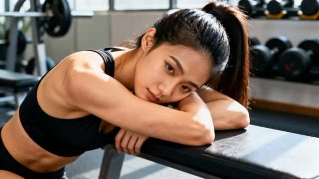 健身房内休息的健身女性3980#横屏 