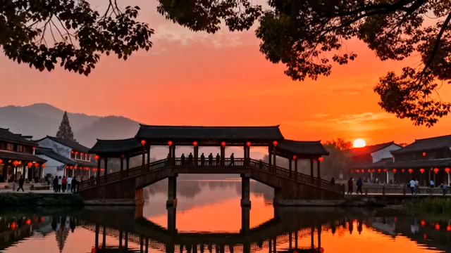 江南水乡古镇日落景观2256#横屏 