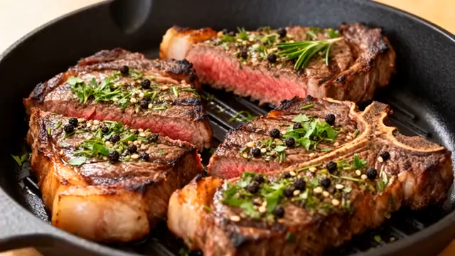 煎锅中的美味牛排2785#横屏 