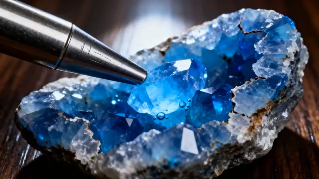  钢笔触碰蓝色水晶矿石2120#横屏 	 