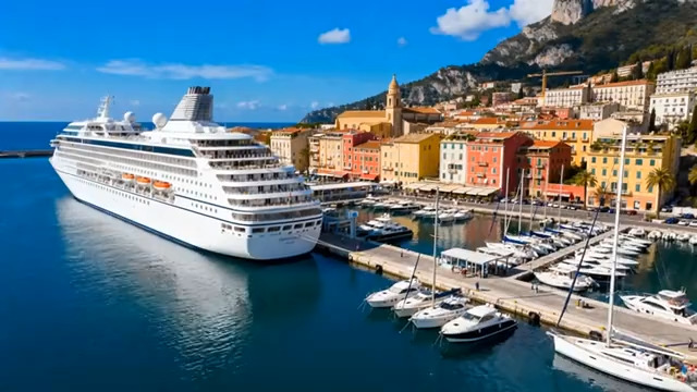  港口大型游轮与停泊小船景观1883#横屏 	 