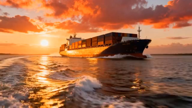  港口集装箱货轮日落景象1936#横屏 	 