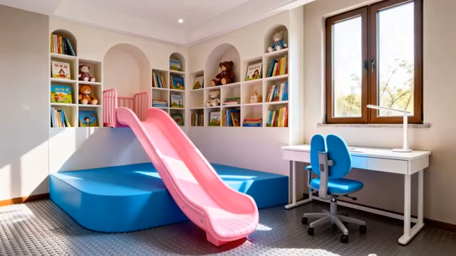  儿童房室内滑梯书桌布置场景1227#横屏 	 -