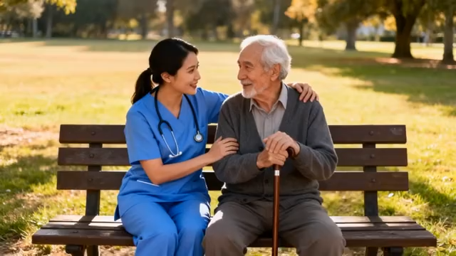 护士陪伴老人公园长椅谈心3911#横屏 