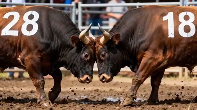  斗牛场中两头公牛相斗1565#横屏 	 