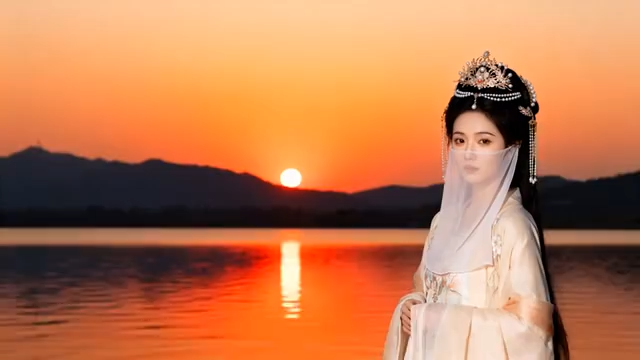 湖畔古装女子夕阳下的倩影5317#横屏 