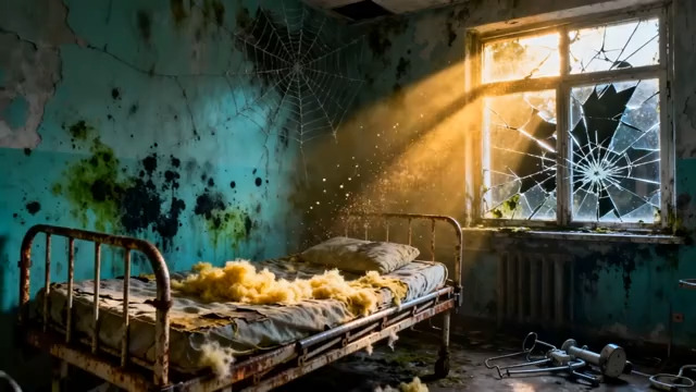  废弃房间内破旧床铺与阳光2202#横屏 	 