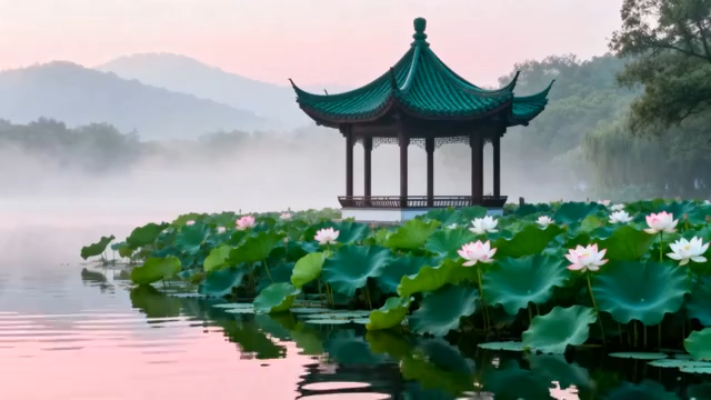 湖畔荷花与中式凉亭景观643#横屏 