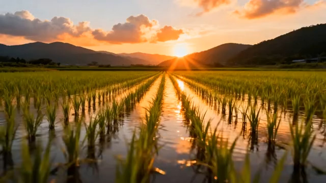  稻田夕阳自然风光2852#横屏 	 