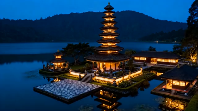 湖畔古建筑夜景5514#横屏 