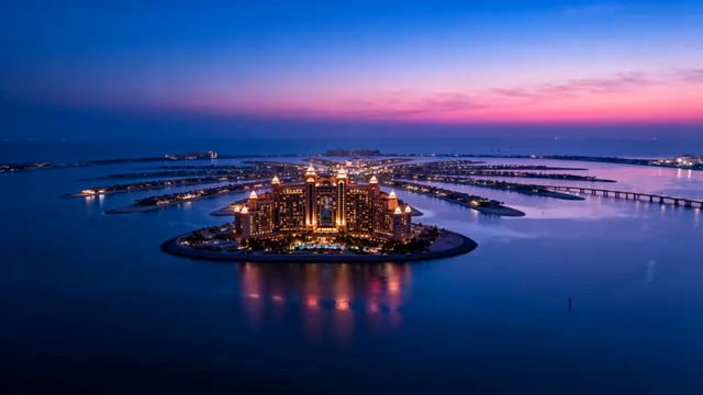  迪拜岛屿建筑夜景航拍2337#横屏 	 