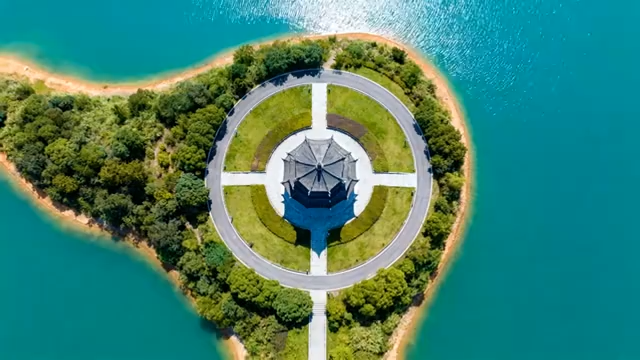 湖泊中岛屿及建筑航拍素材5094#横屏 